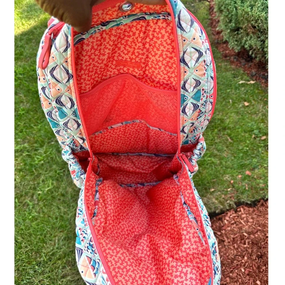 Vera Bradley Iconic Campus Quilted Cotton Backpack Go Fish Print Orange Blue